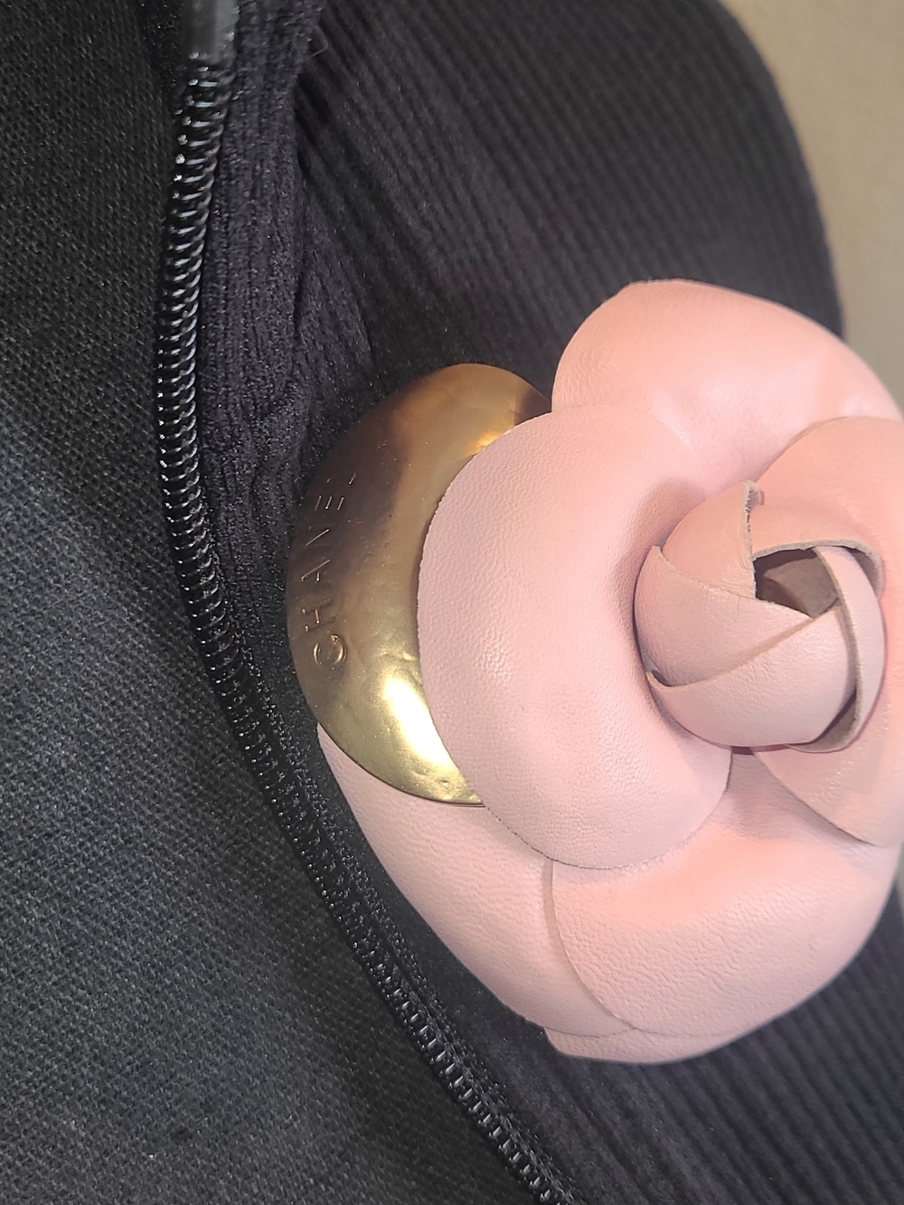 CHANEL Blush Pink Camellia Brooch with Gold-Tone Detail - Picture 2 of 8